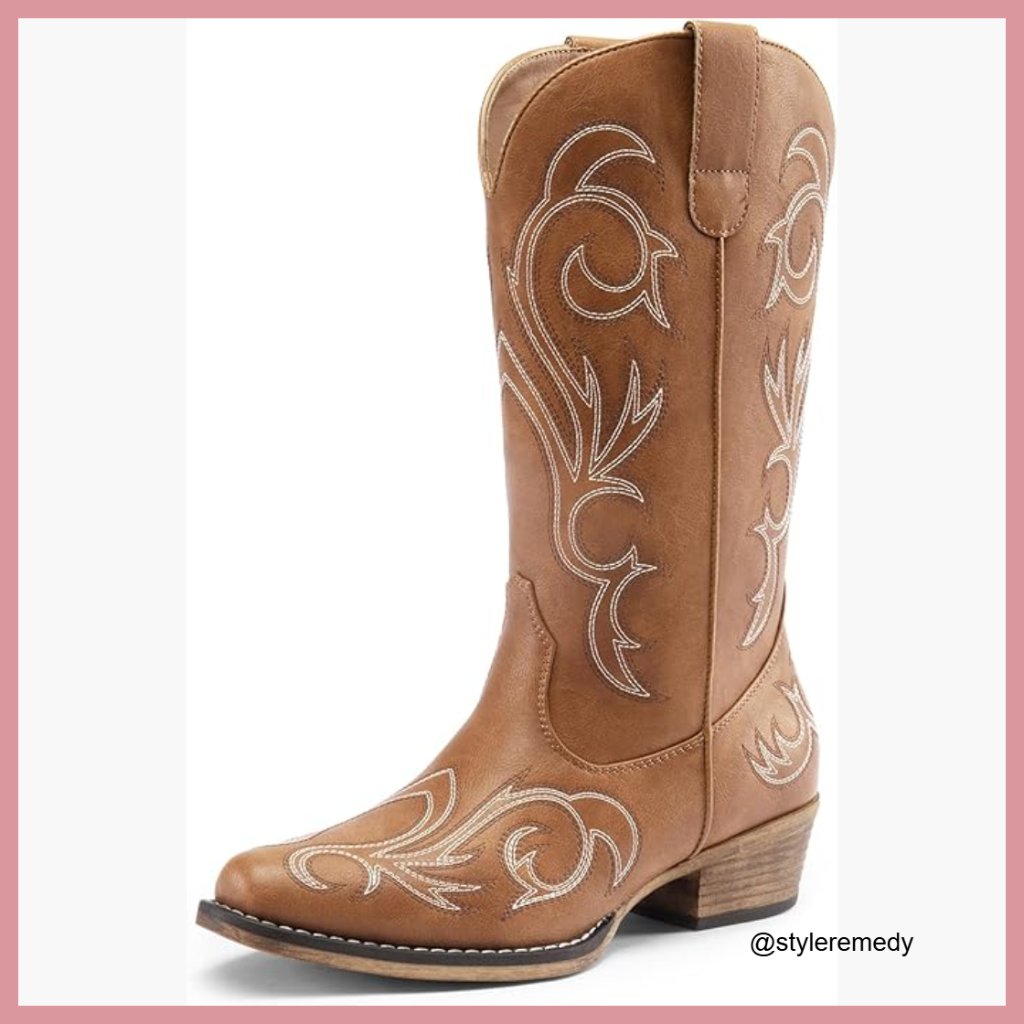 Faux Leather Mid Calf Cowboy Boots Square Toe Chunky Heel Embroidery